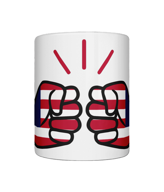 A white ceramic We Run Tings Liberia mug with a graphic design of two fists representing strength or power on a glossy finish. Front view on a white background.