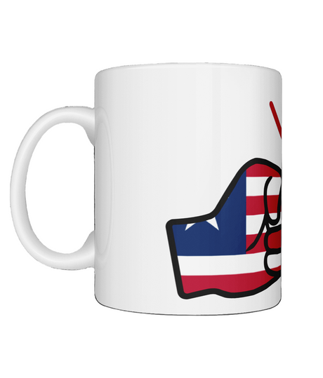 We Run Tings Liberia Mug white ceramic mug displaying the flag of Liberia within the logo. Side view on a white background