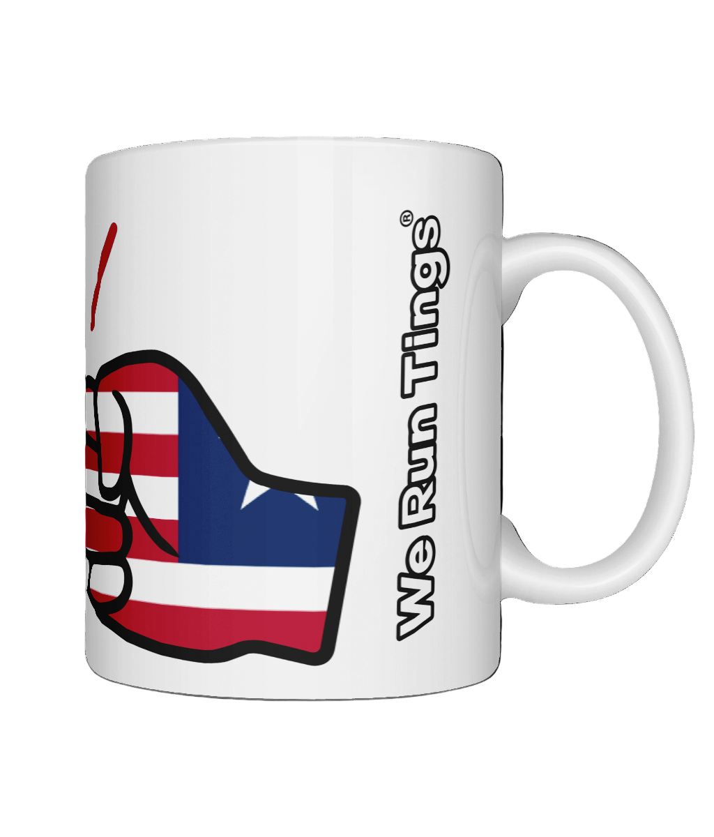 We Run Tings Liberia Mug White mug with a red, white, and blue hand gesture design and 'We Run Ting' text on a white background. Side view on a white background.