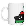 A glossy white ceramic mug with a graphic design of the flag of Libya and the brand logo of  'We Run Tings' on a white background. Side view.