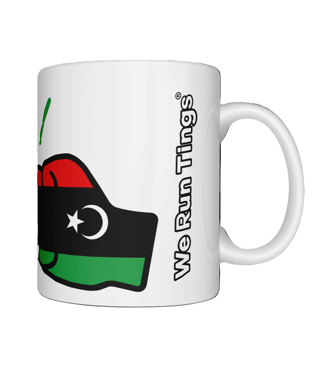 White mug with a graphic flag of Libya and logo of the brand 'We Run Tings' text on a white background. Side view.