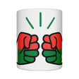 Glossy white ceramic mug featuring a patriotic We Run Tings logo with two fists displaying the flag of Madagascar on a white background.