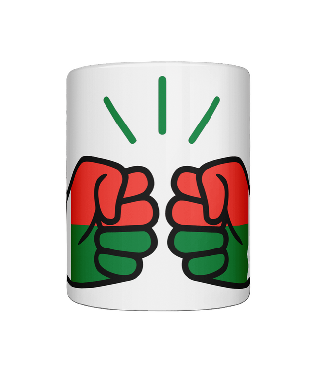 Glossy white ceramic mug featuring a patriotic We Run Tings logo with two fists displaying the flag of Madagascar on a white background.