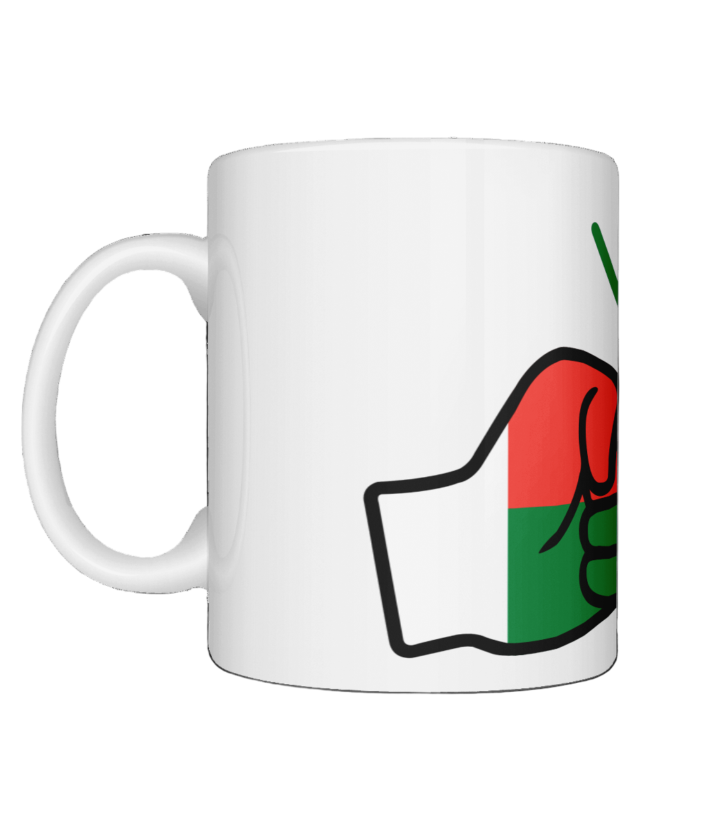 Glossy white ceramic mug featuring a patriotic We Run Tings logo with two fists displaying the flag of Madagascar on a white background.