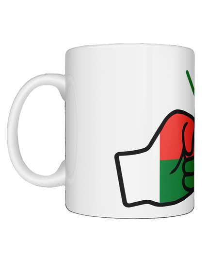 Glossy white ceramic mug featuring a patriotic We Run Tings logo with two fists displaying the flag of Madagascar on a white background.