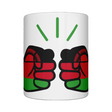 A glossy white ceramic mug with a graphic design of the flag of Malawi and the brand logo of  'We Run Tings'. Front view on a white background.