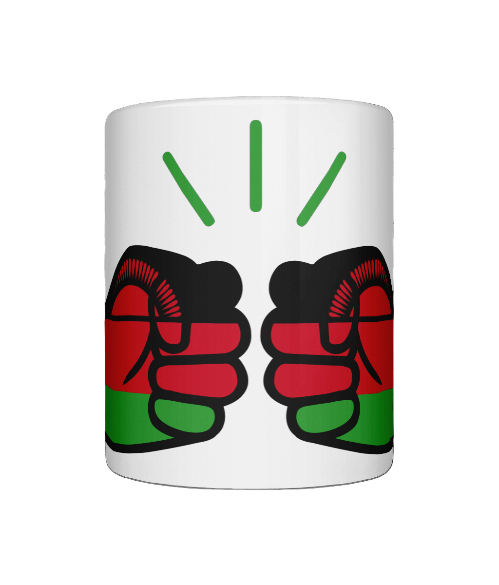 A glossy white ceramic mug with a graphic design of the flag of Malawi and the brand logo of  'We Run Tings'. Front view on a white background.