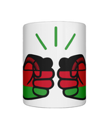 A glossy white ceramic mug with a graphic design of the flag of Malawi and the brand logo of  'We Run Tings'. Front view on a white background.