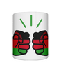A glossy white ceramic mug with a graphic design of the flag of Malawi and the brand logo of  'We Run Tings'. Front view on a white background.