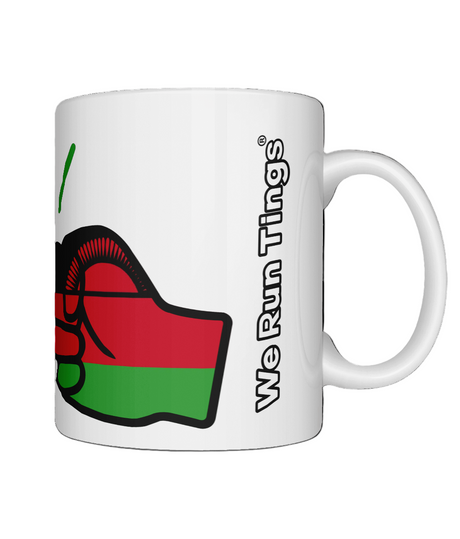 A glossy white ceramic coffee, tea mug, cup with a graphic design of the flag of Malawi and the brand logo of  'We Run Tings'.