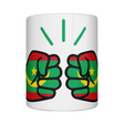 Glossy white ceramic coffee, tea mug, cup featuring a patriotic We Run Tings logo with two fists displaying the flag of Mauritania on a white background