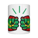 Glossy white ceramic coffee, tea mug, cup featuring a patriotic We Run Tings logo with two fists displaying the flag of Mauritania on a white background