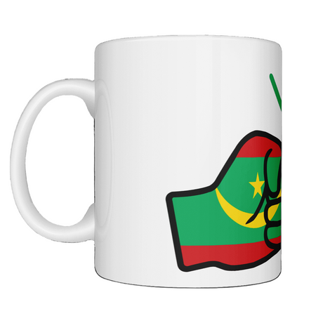 Glossy white ceramic coffee, tea mug, cup featuring a patriotic We Run Tings logo with two fists displaying the flag of Mauritania. Side view on a white background.