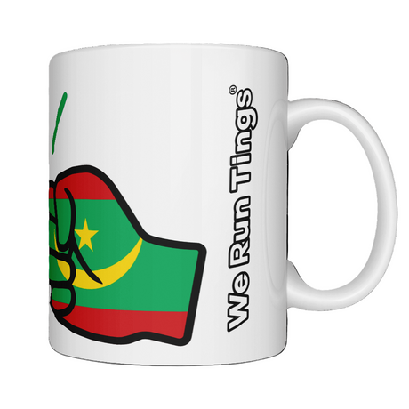 White ceramic We Run Tings Mauritania  tea, coffee, mug, cup with a colorful design and 'We Run Ting' text on a white background. Side view