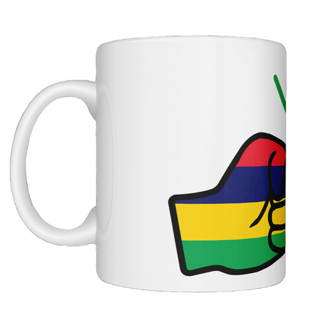 Glossy white ceramic coffee, tea mug, cup featuring a patriotic We Run Tings logo with two fists displaying the flag of Mauritius on a white background. Side view.