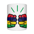 A glossy white ceramic We Run Tings Mauritius tea, coffee, mug, cup with a graphic design of a fist and the colors of the Mauritian flag. On a white background. Front view.