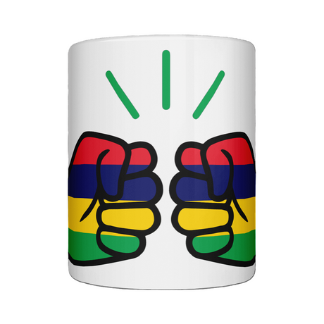 A glossy white ceramic We Run Tings Mauritius tea, coffee, mug, cup with a graphic design of a fist and the colors of the Mauritian flag. On a white background. Front view.