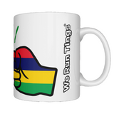 A glossy white ceramic coffee/tea mug, cup with a graphic design of the flag of Mauritius and the brand logo of  'We Run Tings'. On a white background , side view.