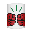 Glossy white ceramic coffee, tea mug, cup featuring a patriotic We Run Tings logo with two fists displaying the flag of Morocco. On a white background, front view.