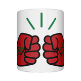 Glossy white ceramic coffee, tea mug, cup featuring a patriotic We Run Tings logo with two fists displaying the flag of Morocco. On a white background, front view.