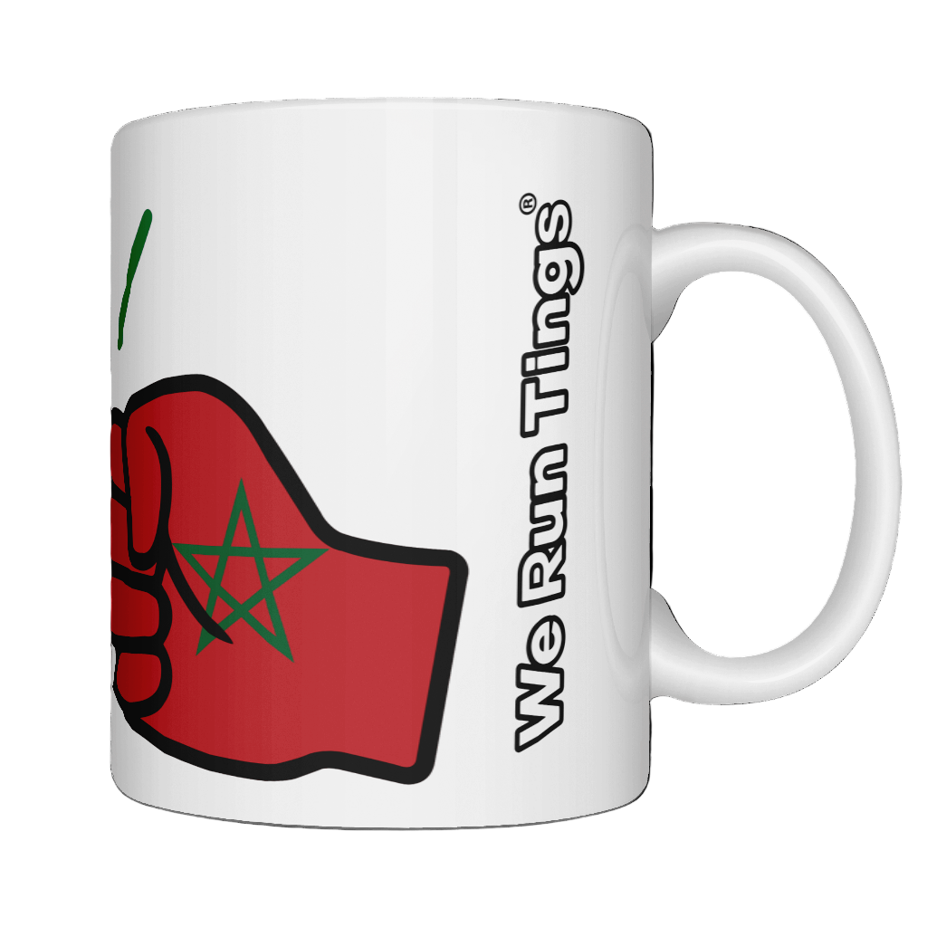 A glossy white ceramic coffee/tea mug, cup with a graphic design of the flag of Morocco and the brand logo of  'We Run Tings'.