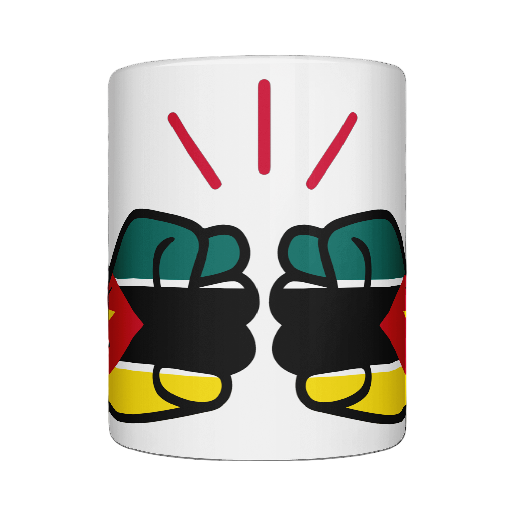 We Run Tings Mozambique white ceramic tea, coffee, mug, cup with colorful design of gloves on a white background. Front view
