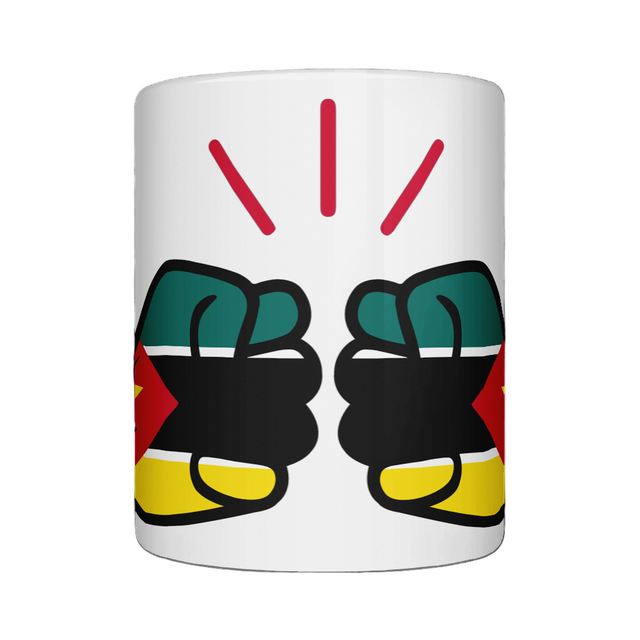 We Run Tings Mozambique white ceramic tea, coffee, mug, cup with colorful design of gloves on a white background. Front view