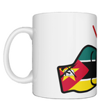 A glossy white ceramic coffee, tea We Run Tings Mozambique Mug, Cup with a graphic design of a fist and the colors of the Mozambique flag. Side view