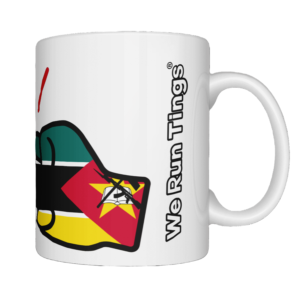 Glossy white ceramic coffee, tea, mug, cup featuring a patriotic We Run Tings logo with two fists displaying the flag of Mozambique. Side view on a white background