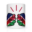 We Run Tings, Namibia Mug, 11oz / 313ml premium ceramic mug. Glossy white finish for a sleek, modern look. Comfortable easy-grip handle. Suitable for hot and cold beverages. Front view