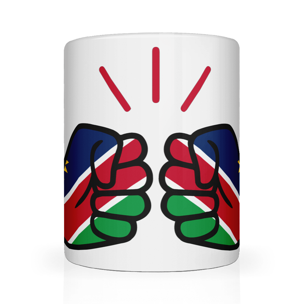We Run Tings, Namibia Mug, 11oz / 313ml premium ceramic mug. Glossy white finish for a sleek, modern look. Comfortable easy-grip handle. Suitable for hot and cold beverages. Front view