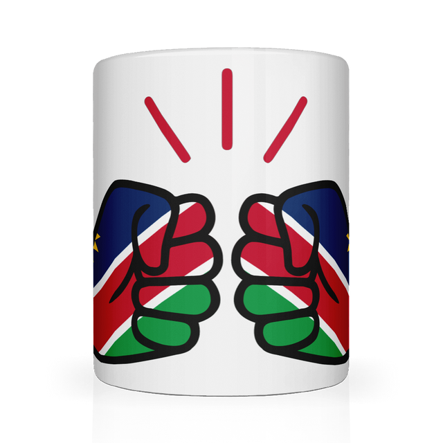 We Run Tings, Namibia Mug, 11oz / 313ml premium ceramic mug. Glossy white finish for a sleek, modern look. Comfortable easy-grip handle. Suitable for hot and cold beverages. Front view