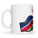We Run Tings, Namibia Mug, 11oz / 313ml premium ceramic mug. Glossy white finish for a sleek, modern look. Comfortable easy-grip handle. Suitable for hot and cold beverages. Side view.
