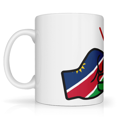 We Run Tings, Namibia Mug, 11oz / 313ml premium ceramic mug. Glossy white finish for a sleek, modern look. Comfortable easy-grip handle. Suitable for hot and cold beverages. Side view.