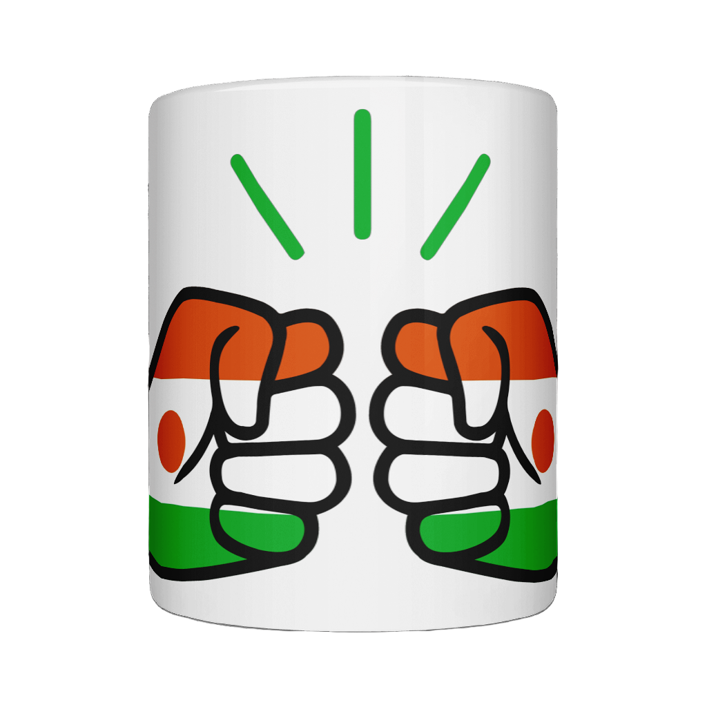 A glossy white ceramic We Run Tings Niger coffee, tea, mug, cup with a graphic design of a fist and the colors of the Niger flag.