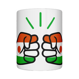 A glossy white ceramic We Run Tings Niger coffee, tea, mug, cup with a graphic design of a fist and the colors of the Niger flag.