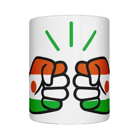 A glossy white ceramic We Run Tings Niger coffee, tea, mug, cup with a graphic design of a fist and the colors of the Niger flag.
