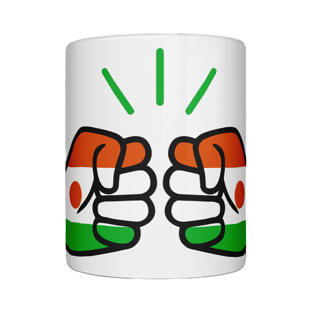 A glossy white ceramic We Run Tings Niger coffee, tea, mug, cup with a graphic design of a fist and the colors of the Niger flag.