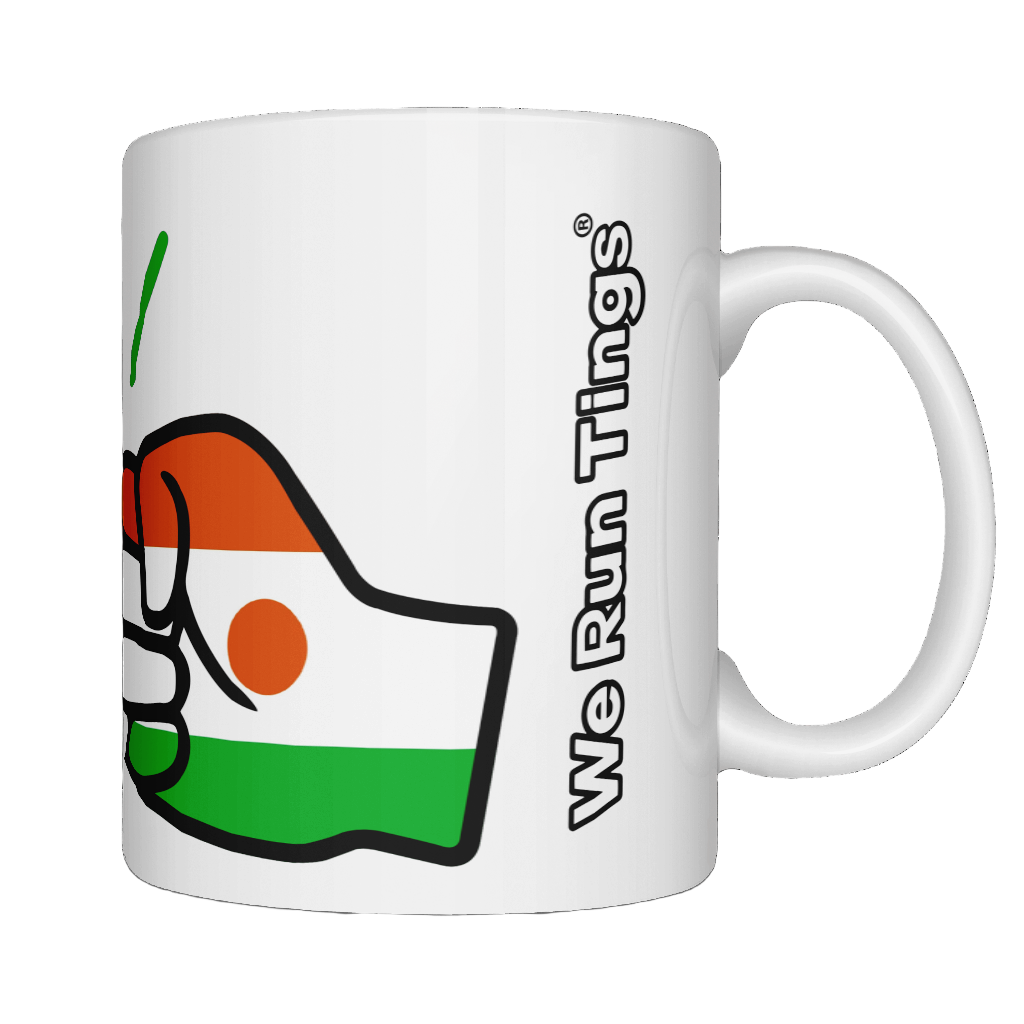 A glossy white ceramic We Run Tings Niger  tea, coffee mug, cup with a graphic design of a fist and the colors of the flag of Niger. Front view on a white background
