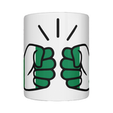 A white ceramic We Run Tings Nigeria tea coffee, tea, mug, cup with a graphic design of a clenched fist and the flag of Nigeria in the We Run Tings logo. side view on a white background.
