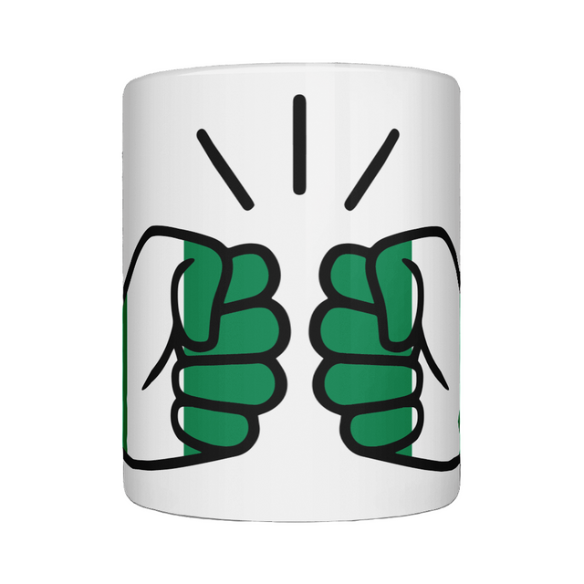 A white ceramic We Run Tings Nigeria tea coffee, tea, mug, cup with a graphic design of a clenched fist and the flag of Nigeria in the We Run Tings logo. side view on a white background.