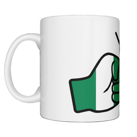 White ceramic We Run Tings Nigeria tea, coffee, mug, cup with a green and black design on a white background