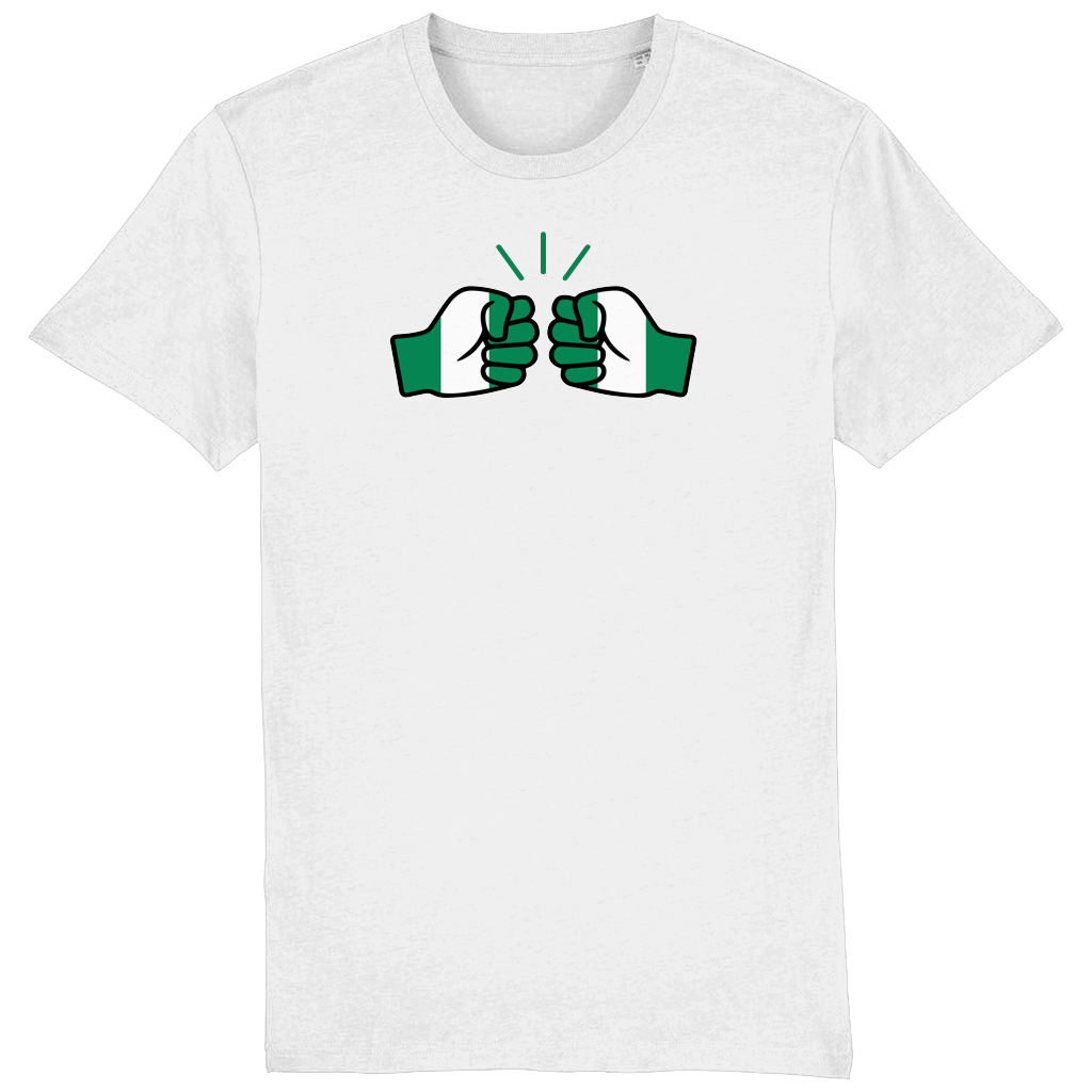 A white, short-sleeved men's t-shirt with a green and white fist logo on the front, representing Nigeria's national colors on a white background