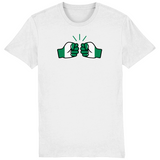 A white, short-sleeved men's t-shirt with a green and white fist logo on the front, representing Nigeria's national colors on a white background