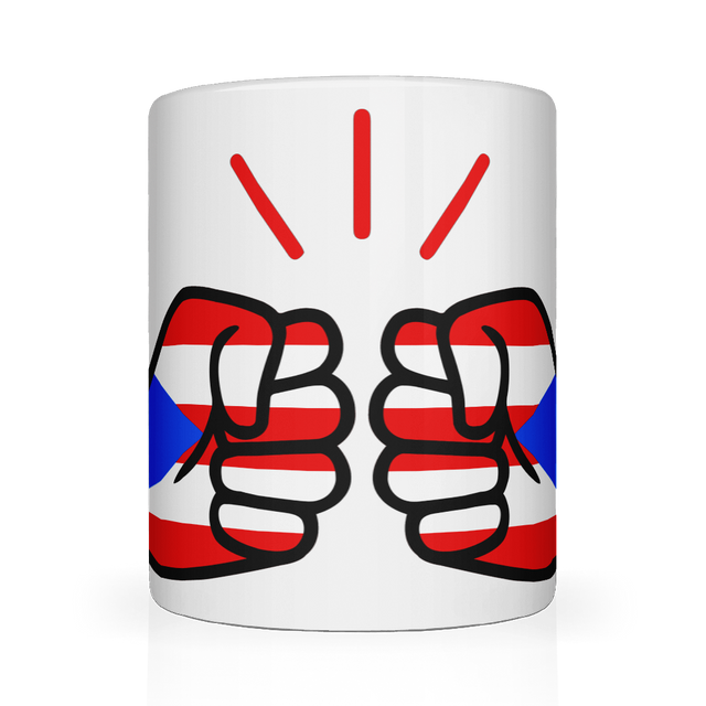 A glossy white We Run Tings ceramic mug with a graphic design of a fist and the colors of the Puerto Rican flag.