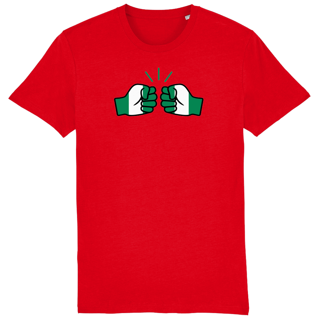 A red, short-sleeved men's t-shirt with a green and white fist logo on the front, representing Nigeria's national colors on a white background