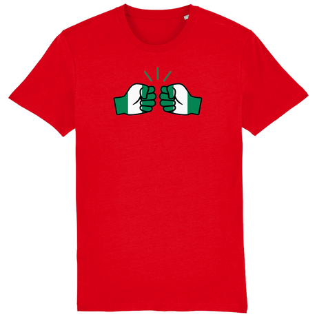 A red, short-sleeved men's t-shirt with a green and white fist logo on the front, representing Nigeria's national colors on a white background