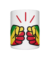 A glossy white ceramic mug with a graphic design of We Run Tings Republic of the Congo flag and the brand name on a white background. Front view