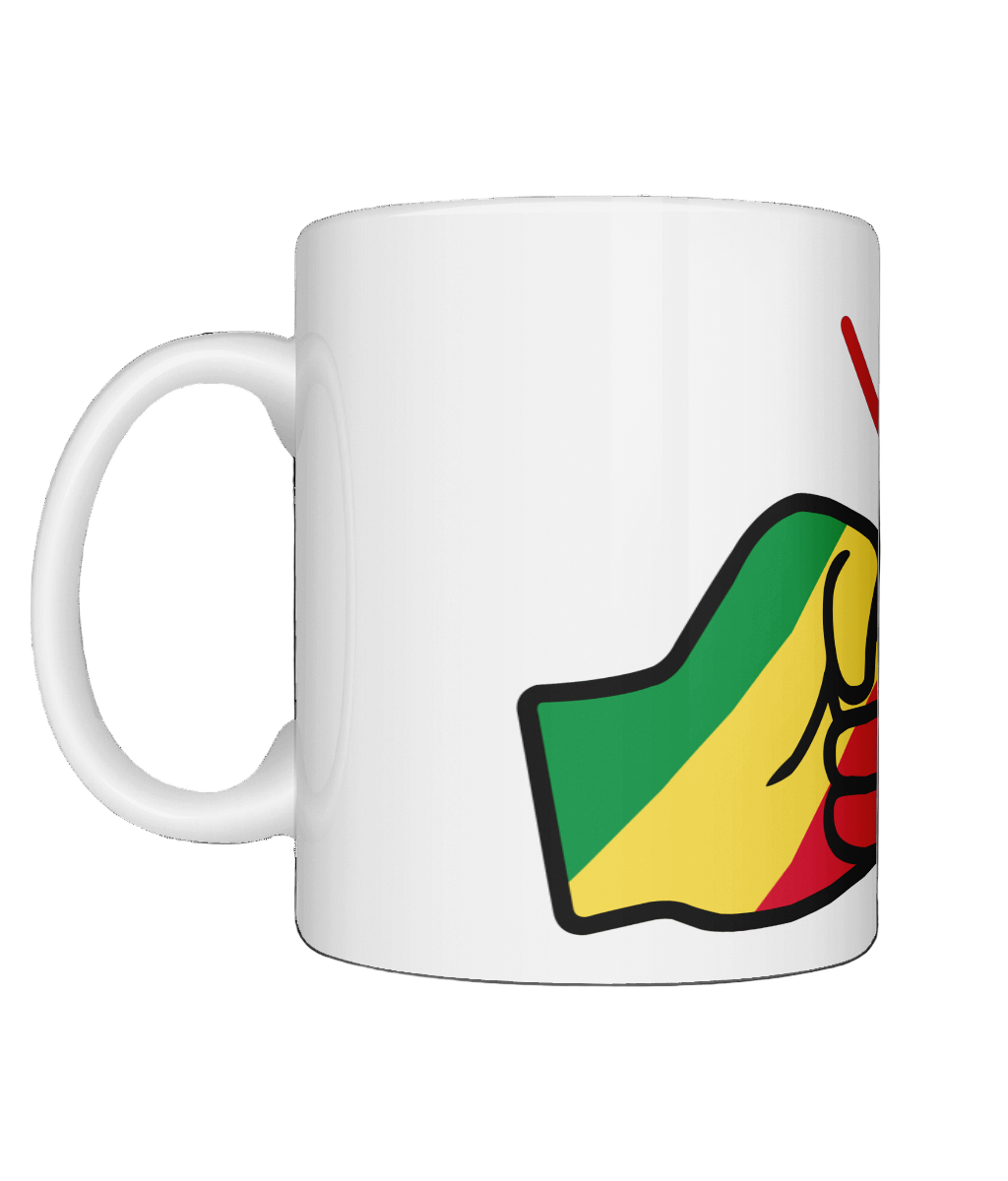A glossy white ceramic mug with a graphic design of We Run Tings Republic of the Congo flag and the brand name on a white background. Side view