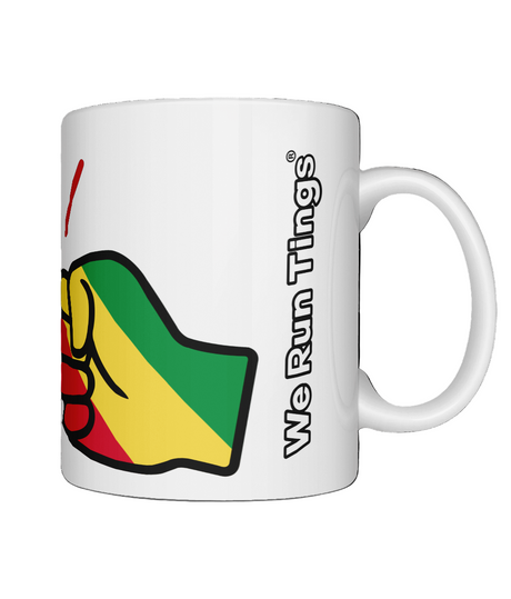 A glossy white ceramic mug with a graphic design of We Run Tings Republic of the Congo flag and the brand name on a white background. Side handle view 